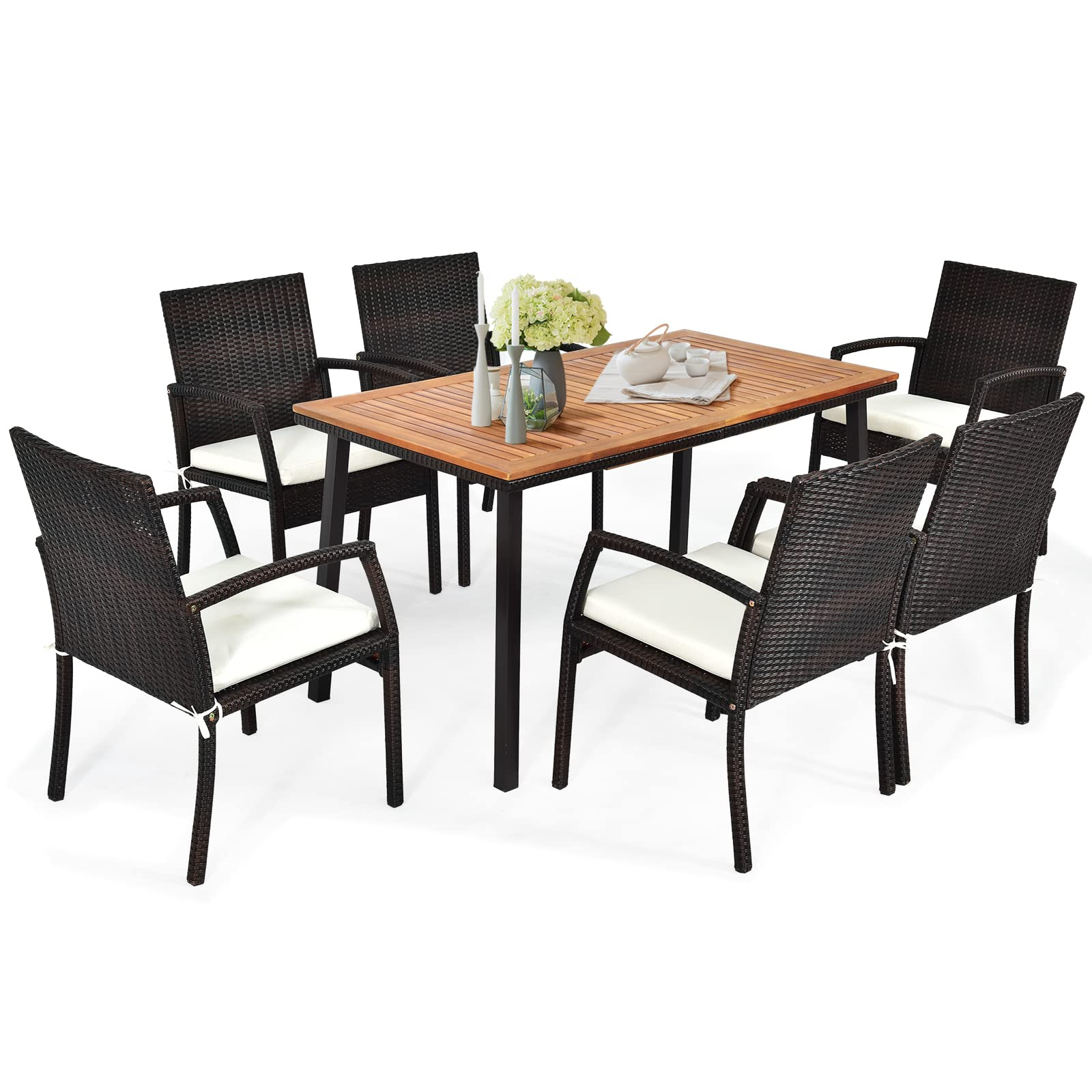 Tangkula Ensemble repas d'extérieur 7 pièces, ensemble de salle à manger de patio à cadre en acier avec 6 chaises en rotin à accoudoirs
